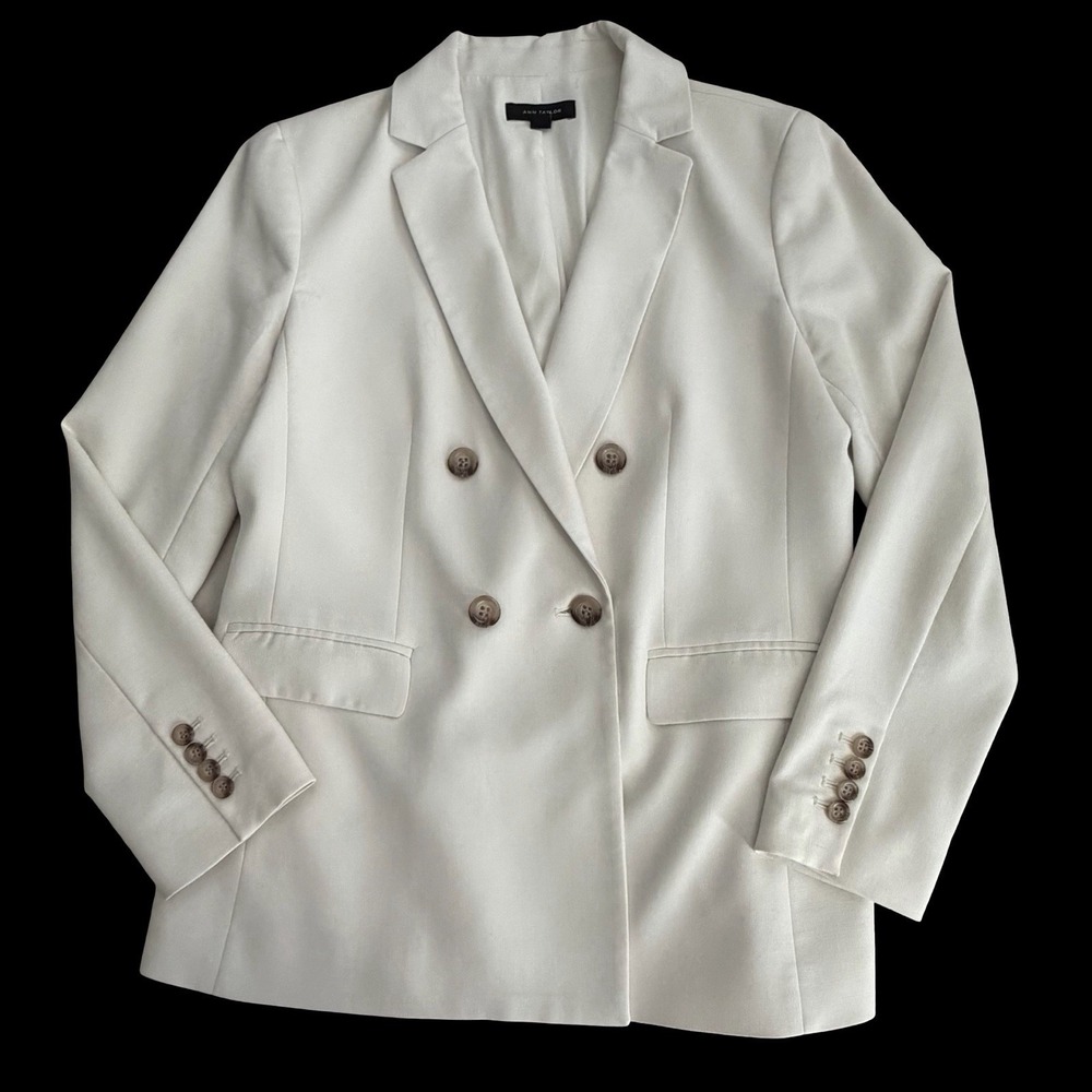 Ann Taylor Double Breasted Blazer Size 8 Ivory Rayon Blend Pockets Minimalist